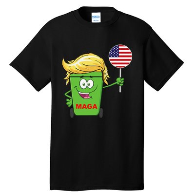 Funny Trump Maga Cartoon Garbage Can American Flag Gift Tall T-Shirt