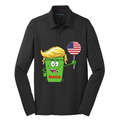 Funny Trump Maga Cartoon Garbage Can American Flag Gift Silk Touch Performance Long Sleeve Polo