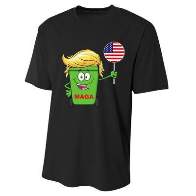 Funny Trump Maga Cartoon Garbage Can American Flag Gift Performance Sprint T-Shirt