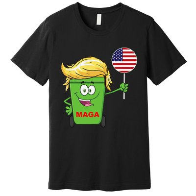 Funny Trump Maga Cartoon Garbage Can American Flag Gift Premium T-Shirt