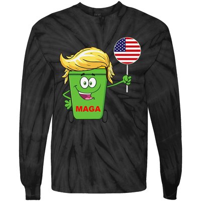 Funny Trump Maga Cartoon Garbage Can American Flag Gift Tie-Dye Long Sleeve Shirt