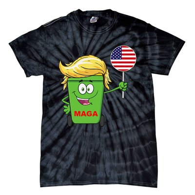 Funny Trump Maga Cartoon Garbage Can American Flag Gift Tie-Dye T-Shirt