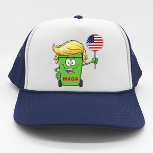 Funny Trump Maga Cartoon Garbage Can American Flag Gift Trucker Hat