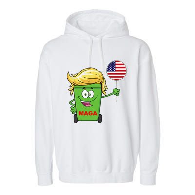 Funny Trump Maga Cartoon Garbage Can American Flag Gift Garment-Dyed Fleece Hoodie