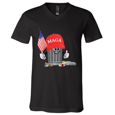 Funny Trump Maga Garbage Can Cartoon Character American Flag Gift V-Neck T-Shirt