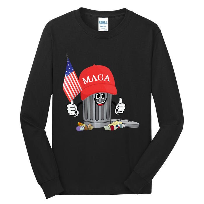 Funny Trump Maga Garbage Can Cartoon Character American Flag Gift Tall Long Sleeve T-Shirt