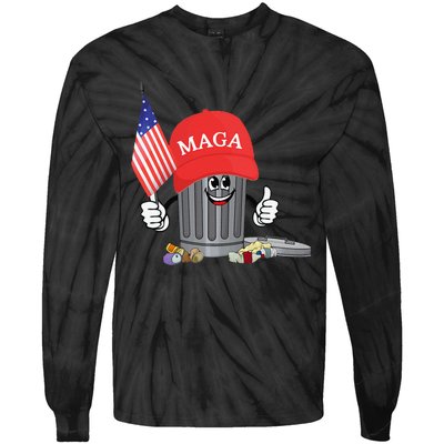 Funny Trump Maga Garbage Can Cartoon Character American Flag Gift Tie-Dye Long Sleeve Shirt