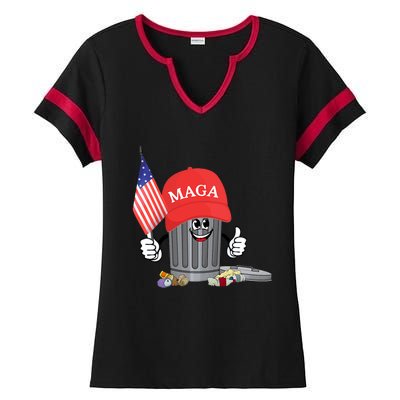 Funny Trump Maga Cartoon Garbage Can American Flag Ladies Halftime Notch Neck Tee