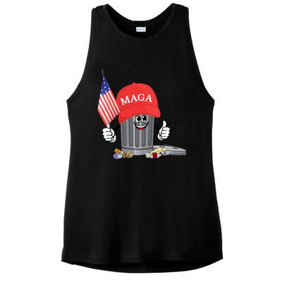 Funny Trump Maga Cartoon Garbage Can American Flag Ladies PosiCharge Tri-Blend Wicking Tank