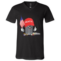 Funny Trump Maga Cartoon Garbage Can American Flag V-Neck T-Shirt