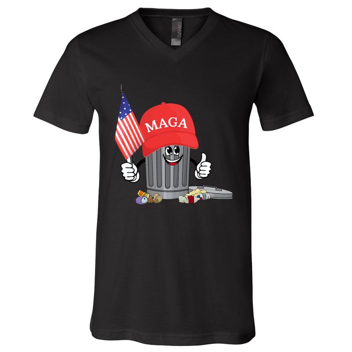 Funny Trump Maga Cartoon Garbage Can American Flag V-Neck T-Shirt