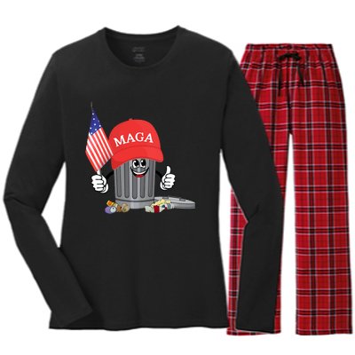 Funny Trump Maga Cartoon Garbage Can American Flag Women's Long Sleeve Flannel Pajama Set 