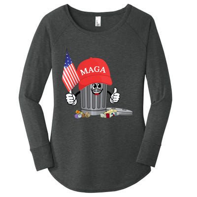 Funny Trump Maga Cartoon Garbage Can American Flag Women's Perfect Tri Tunic Long Sleeve Shirt