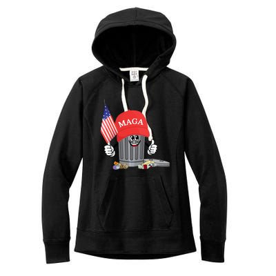 Funny Trump Maga Cartoon Garbage Can American Flag Women's Fleece Hoodie