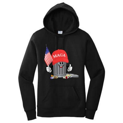 Funny Trump Maga Cartoon Garbage Can American Flag Women's Pullover Hoodie