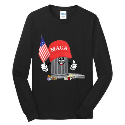 Funny Trump Maga Cartoon Garbage Can American Flag Tall Long Sleeve T-Shirt