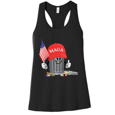 Funny Trump Maga Cartoon Garbage Can American Flag Women's Racerback Tank