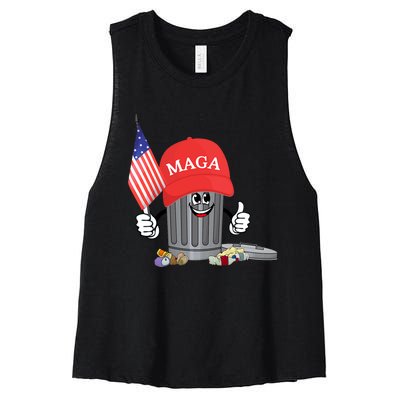 Funny Trump Maga Cartoon Garbage Can American Flag Women's Racerback Cropped Tank