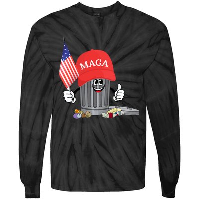 Funny Trump Maga Cartoon Garbage Can American Flag Tie-Dye Long Sleeve Shirt