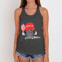 Funny Trump Maga Cartoon Garbage Can American Flag Women's Knotted Racerback Tank