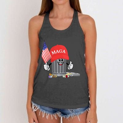 Funny Trump Maga Cartoon Garbage Can American Flag Women's Knotted Racerback Tank