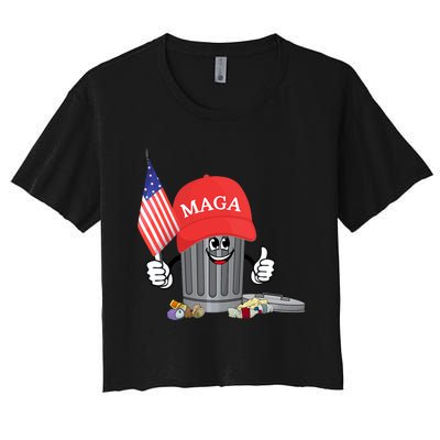 Funny Trump Maga Cartoon Garbage Can American Flag Women's Crop Top Tee