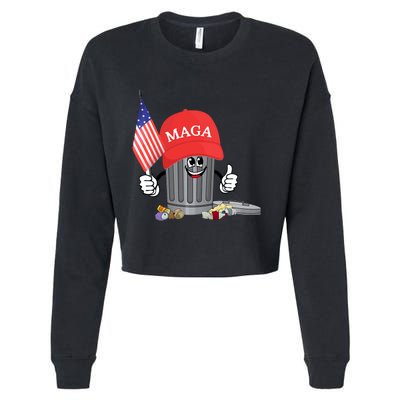 Funny Trump Maga Cartoon Garbage Can American Flag Cropped Pullover Crew