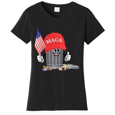 Funny Trump Maga Cartoon Garbage Can American Flag Women's T-Shirt