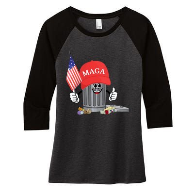 Funny Trump Maga Cartoon Garbage Can American Flag Women's Tri-Blend 3/4-Sleeve Raglan Shirt