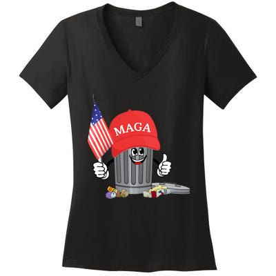 Funny Trump Maga Cartoon Garbage Can American Flag Women's V-Neck T-Shirt