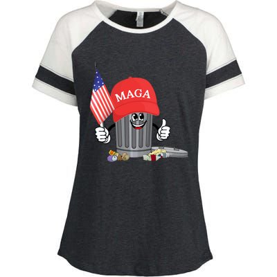 Funny Trump Maga Cartoon Garbage Can American Flag Enza Ladies Jersey Colorblock Tee