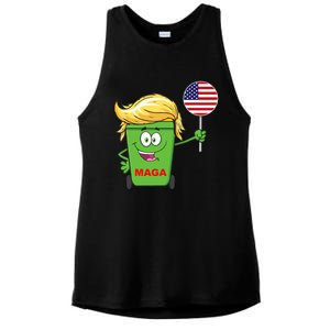 Funny Trump Maga Cartoon Garbage Can American Flag Ladies PosiCharge Tri-Blend Wicking Tank