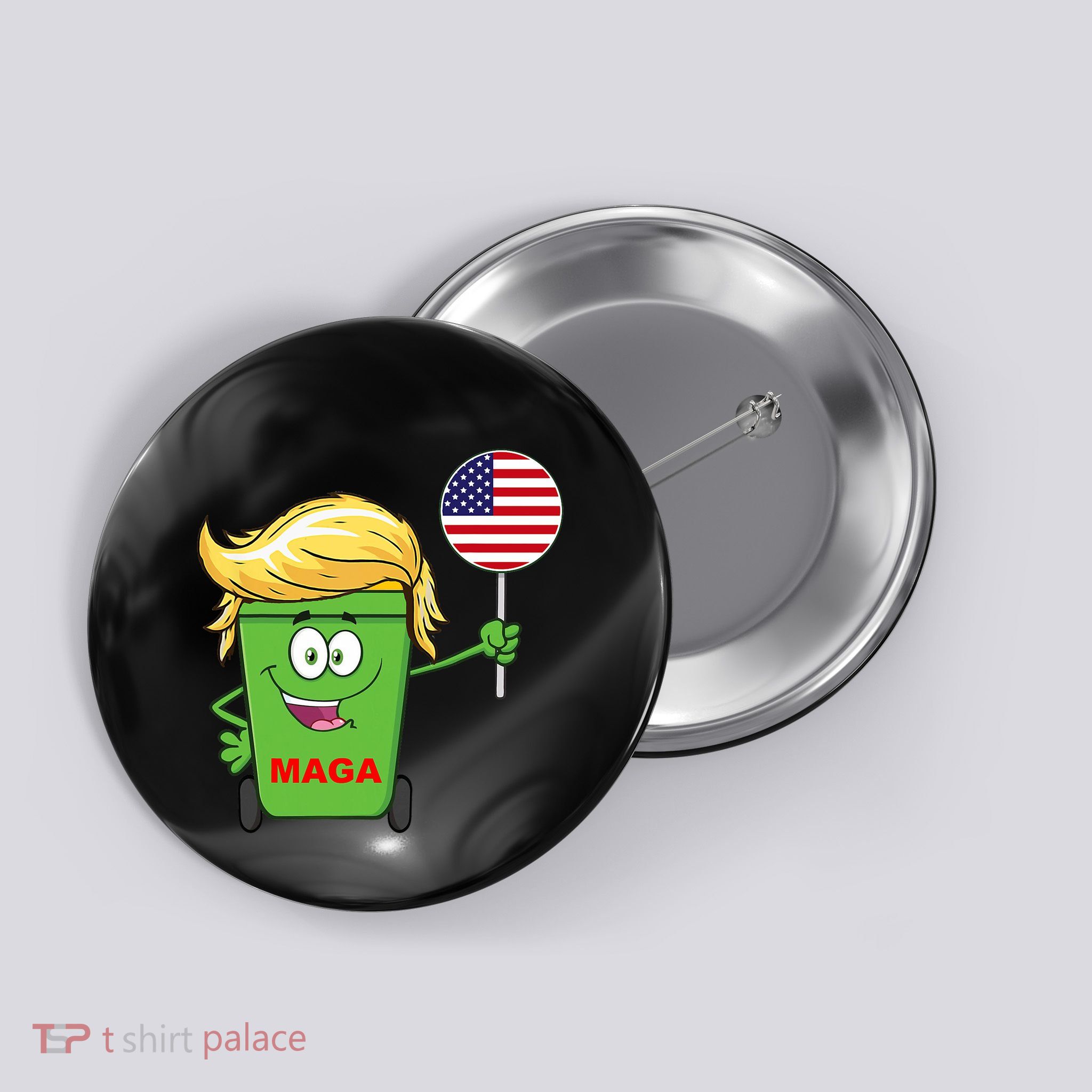 Funny Trump Maga Cartoon Garbage Can American Flag Button