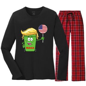 Funny Trump Maga Cartoon Garbage Can American Flag Women's Long Sleeve Flannel Pajama Set 