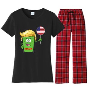 Funny Trump Maga Cartoon Garbage Can American Flag Women's Flannel Pajama Set