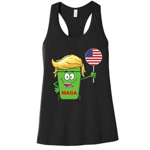 Funny Trump Maga Cartoon Garbage Can American Flag Women's Racerback Tank