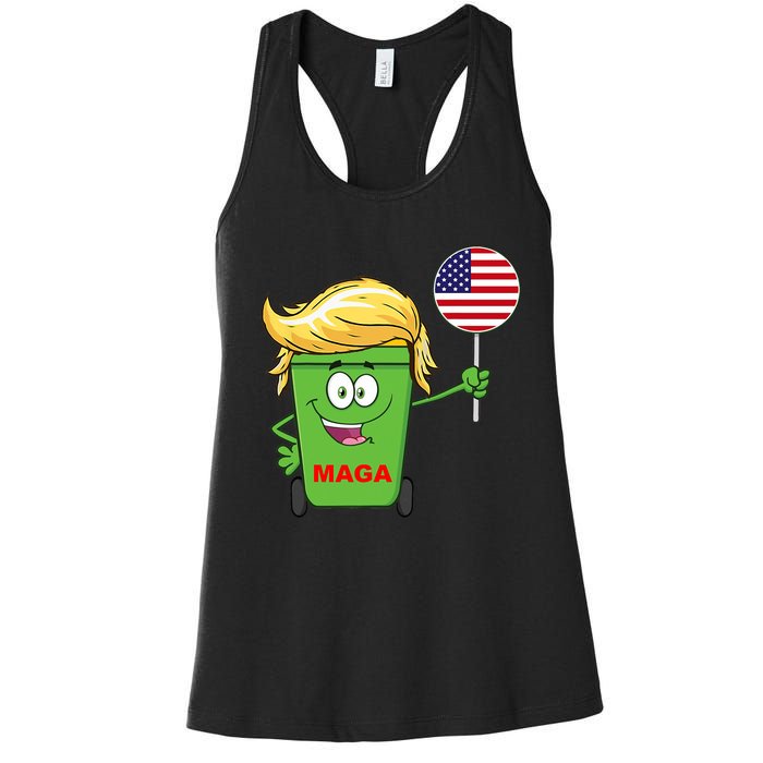 Funny Trump Maga Cartoon Garbage Can American Flag Women's Racerback Tank