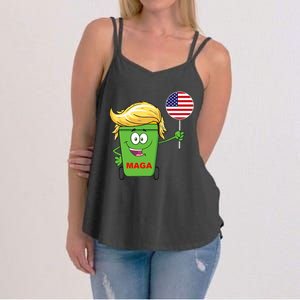 Funny Trump Maga Cartoon Garbage Can American Flag Women's Strappy Tank