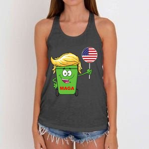 Funny Trump Maga Cartoon Garbage Can American Flag Women's Knotted Racerback Tank