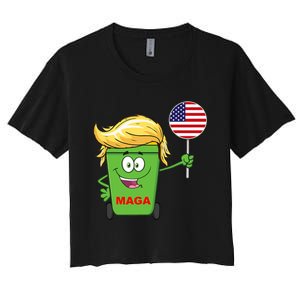 Funny Trump Maga Cartoon Garbage Can American Flag Women's Crop Top Tee