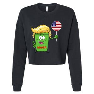 Funny Trump Maga Cartoon Garbage Can American Flag Cropped Pullover Crew