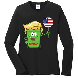 Funny Trump Maga Cartoon Garbage Can American Flag Ladies Long Sleeve Shirt