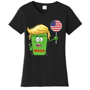 Funny Trump Maga Cartoon Garbage Can American Flag Women's T-Shirt