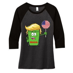 Funny Trump Maga Cartoon Garbage Can American Flag Women's Tri-Blend 3/4-Sleeve Raglan Shirt