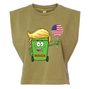 Funny Trump Maga Cartoon Garbage Can American Flag Garment-Dyed Women's Muscle Tee