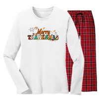 Funny Thanksmas Merry Thanksmas Thanksgiving Christmas Women's Long Sleeve Flannel Pajama Set 