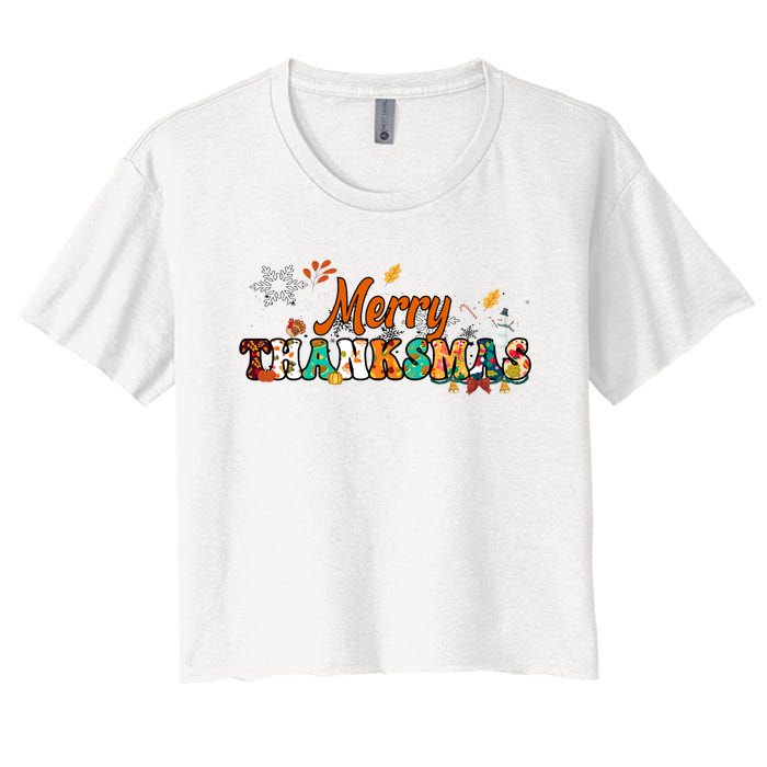 Funny Thanksmas Merry Thanksmas Thanksgiving Christmas Women's Crop Top Tee