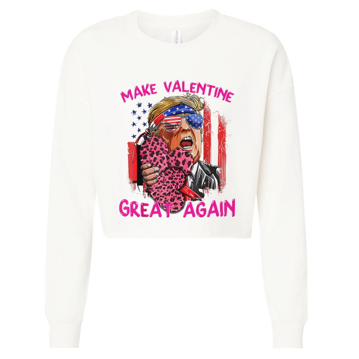 Funny Trump Make Valentine Great Again Usa Flag Valentines Cropped Pullover Crew