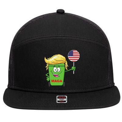 Funny Trump Maga Cartoon Garbage Can American Flag Gift 7 Panel Mesh Trucker Snapback Hat