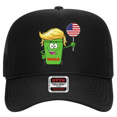 Funny Trump Maga Cartoon Garbage Can American Flag Gift High Crown Mesh Back Trucker Hat